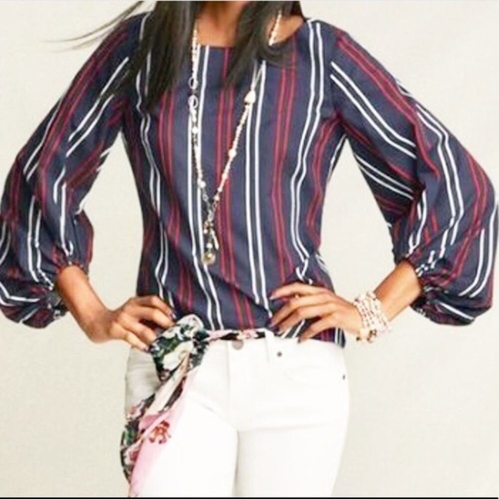 CAbi Flag balloon sleeve top women’s M blue freedom stripe cotton relaxed fit
